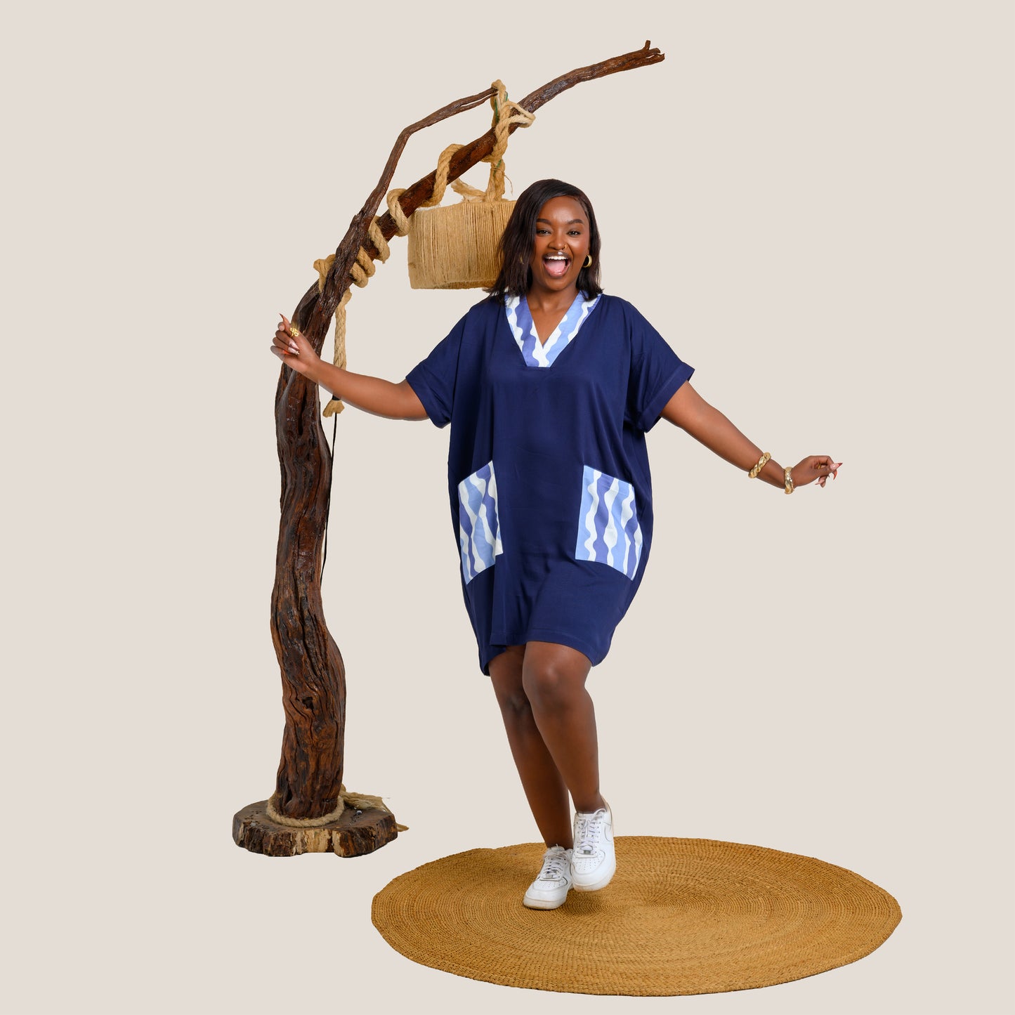 Nia Short Kaftan with Stripe Contrast Panels - Navy Blue