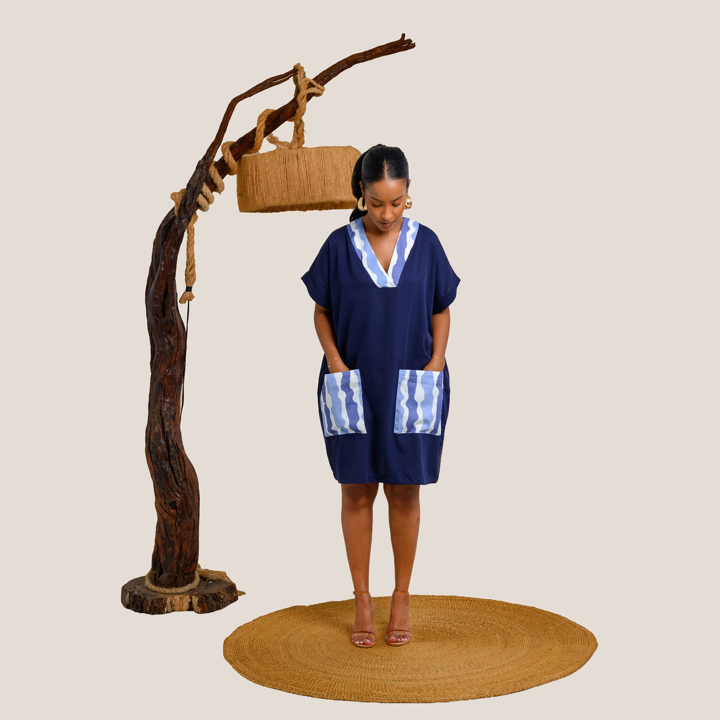 Nia Short Kaftan with Stripe Contrast Panels - Navy Blue