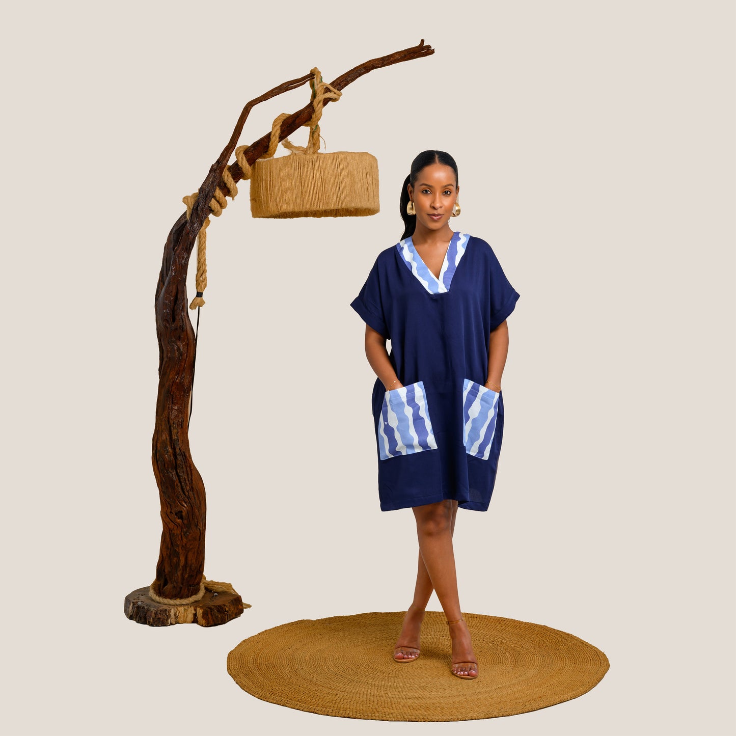 Nia Short Kaftan with Stripe Contrast Panels - Navy Blue