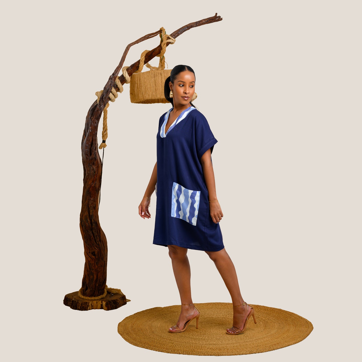 Nia Short Kaftan with Stripe Contrast Panels - Navy Blue