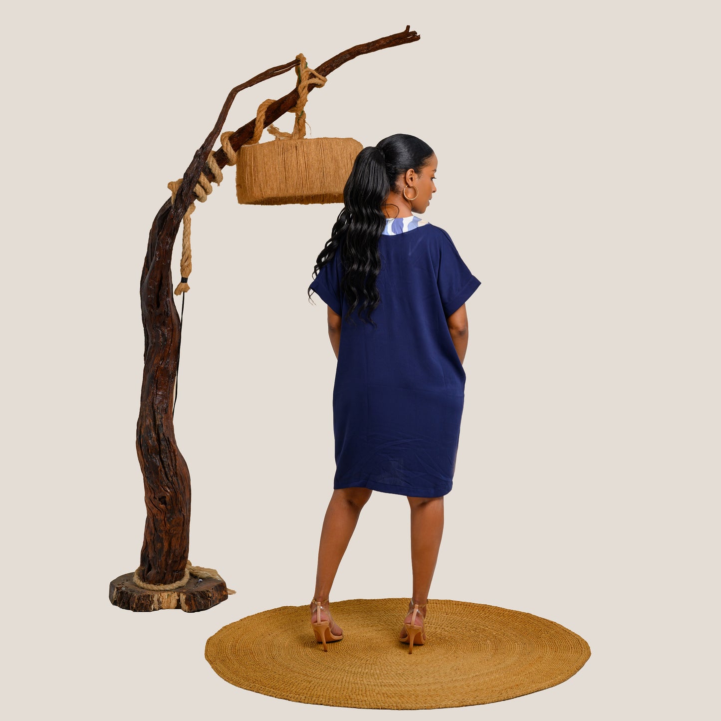 Nia Short Kaftan with Stripe Contrast Panels - Navy Blue