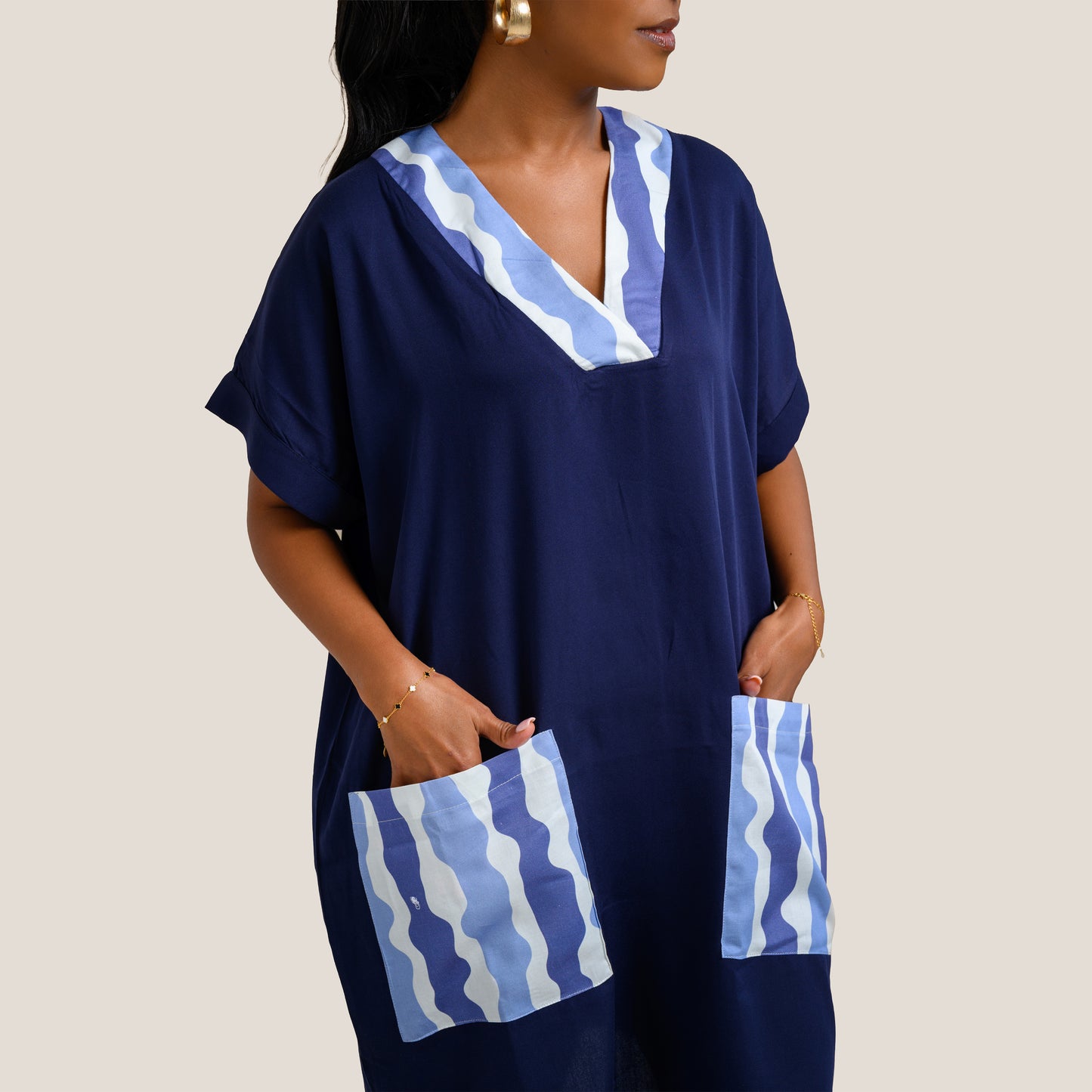 Nia Short Kaftan with Stripe Contrast Panels - Navy Blue