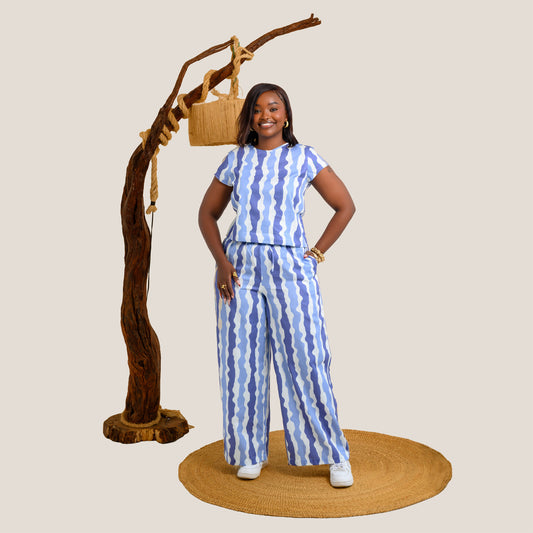 Nia Short Sleeve Top & Palazzo Set - Blue Stripes