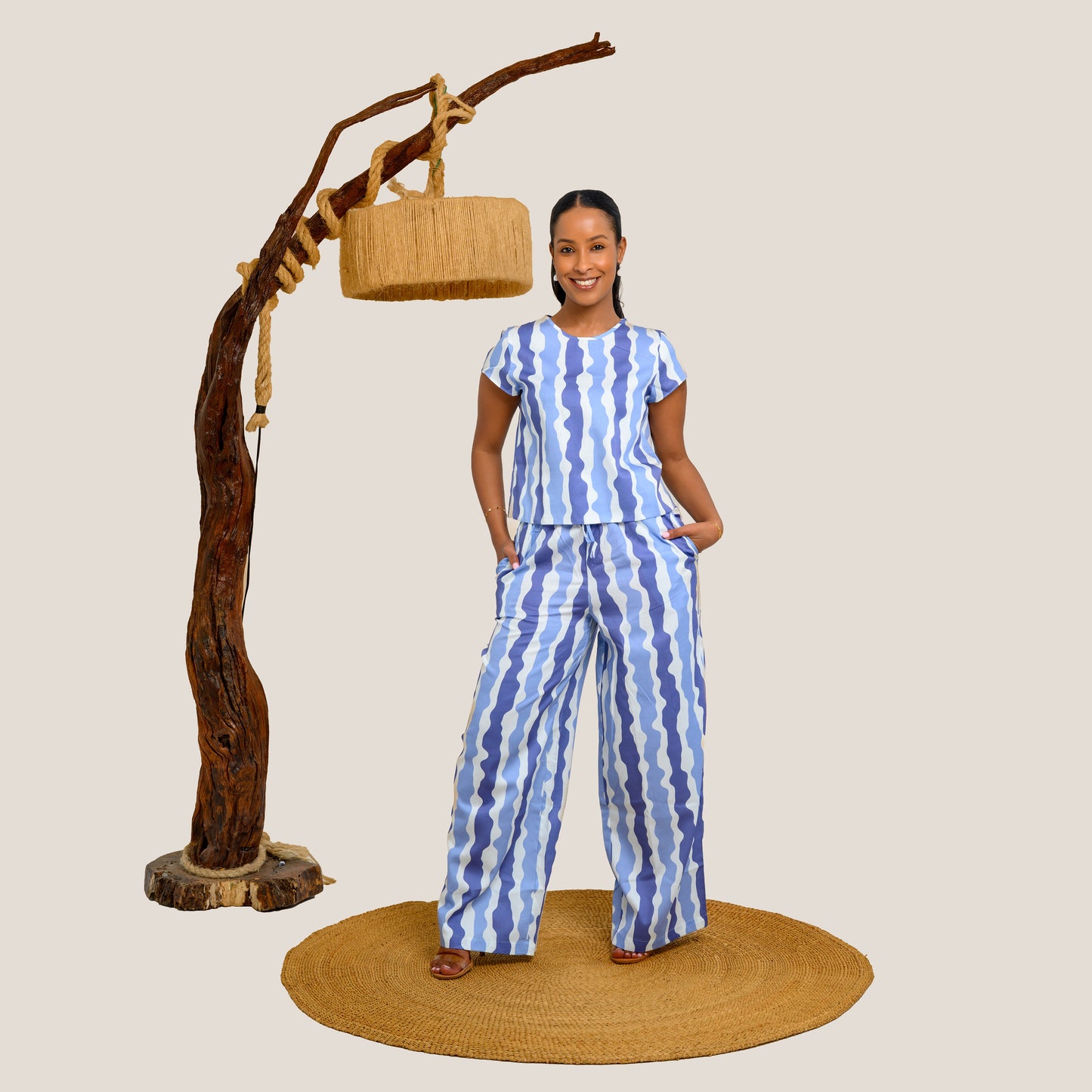 Nia Wide Leg Palazzo Pants - Blue Stripes