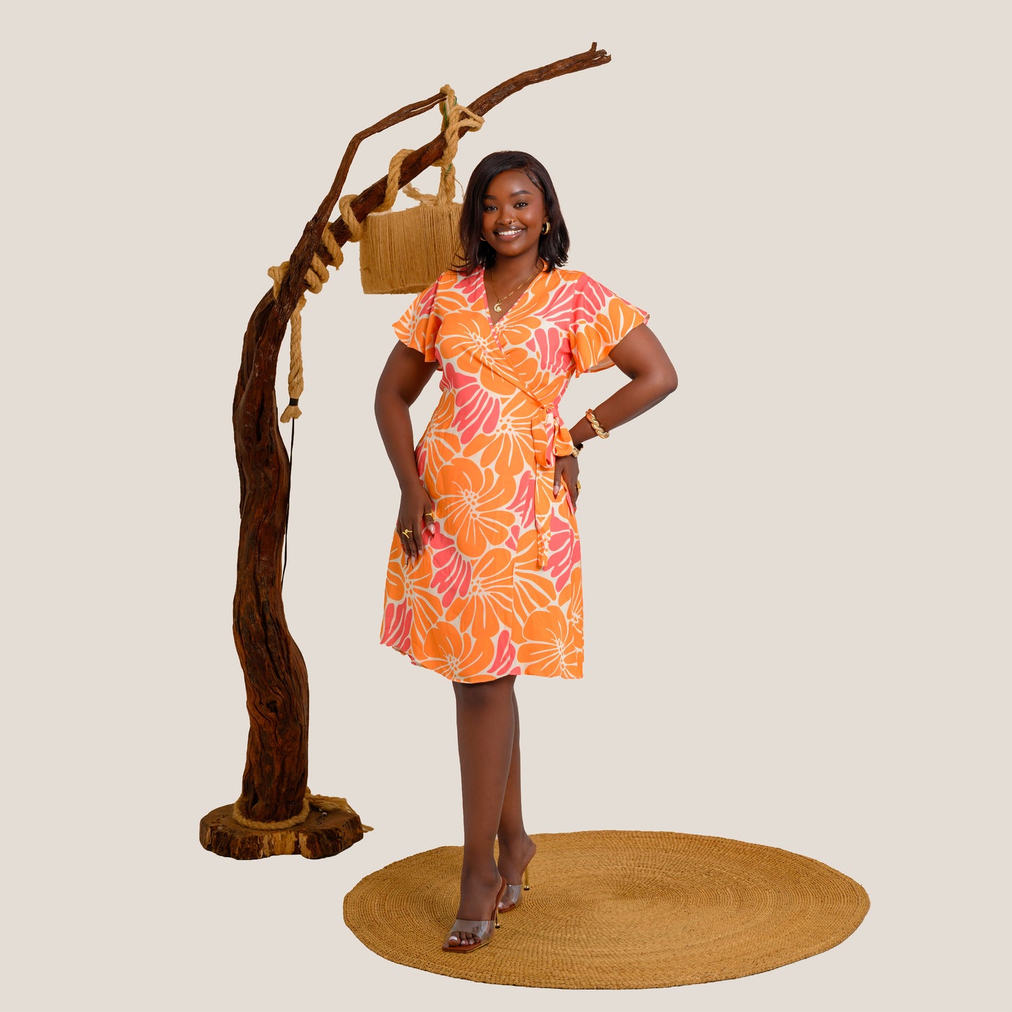 Nia Floral Print Wrap Short Dress - Soft Yellow/Pink