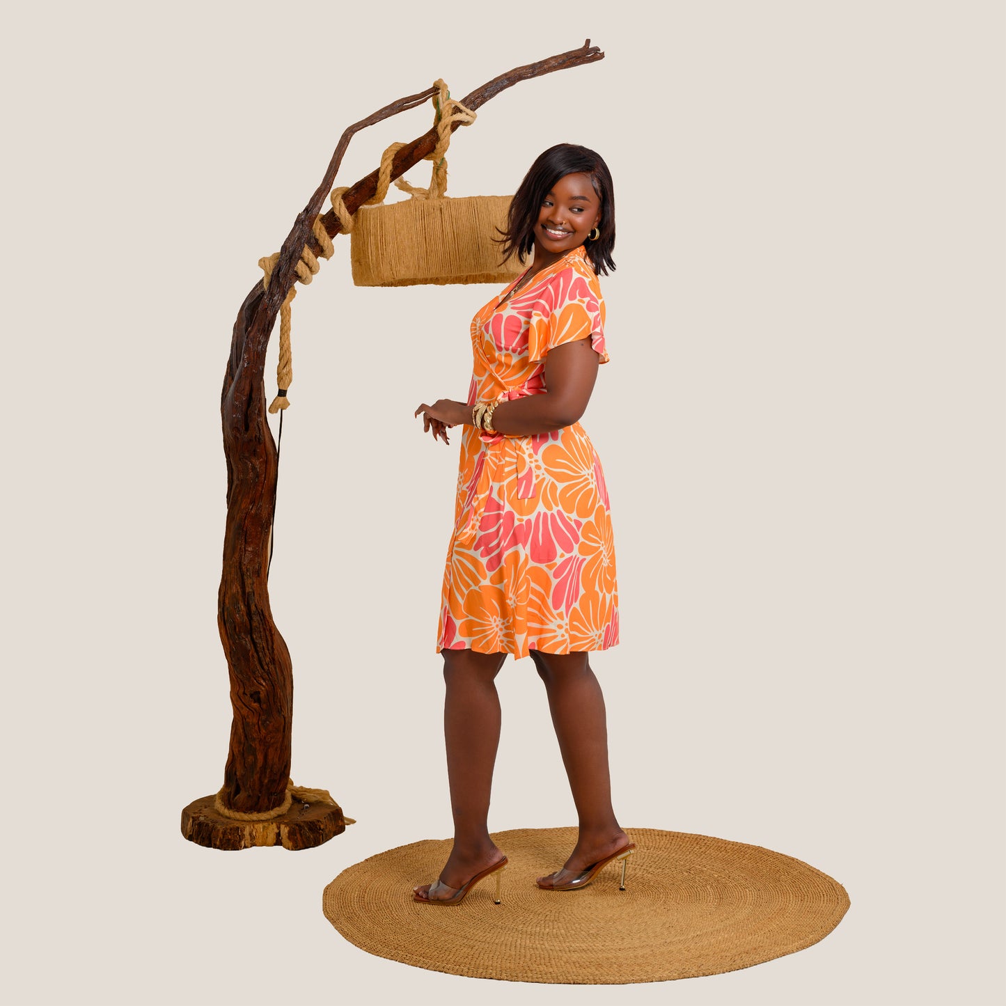 Nia Floral Print Wrap Short Dress - Soft Yellow/Pink