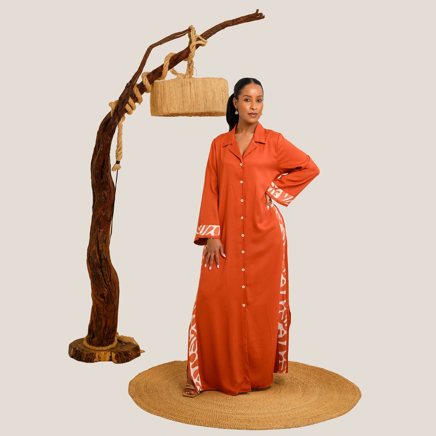 Nia Maxi Shirt Dress with Contrast Panels - Burnt Orange