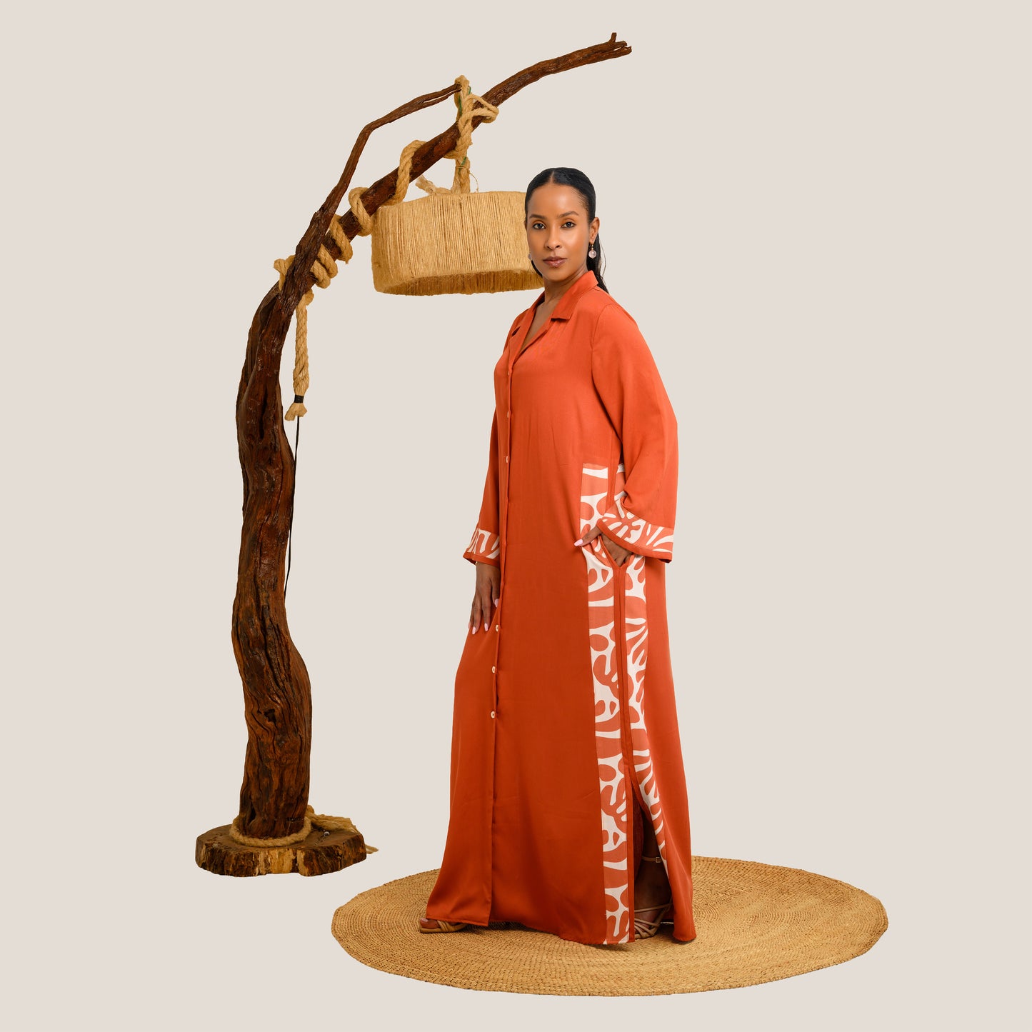 Nia Maxi Shirt Dress with Contrast Panels - Burnt Orange