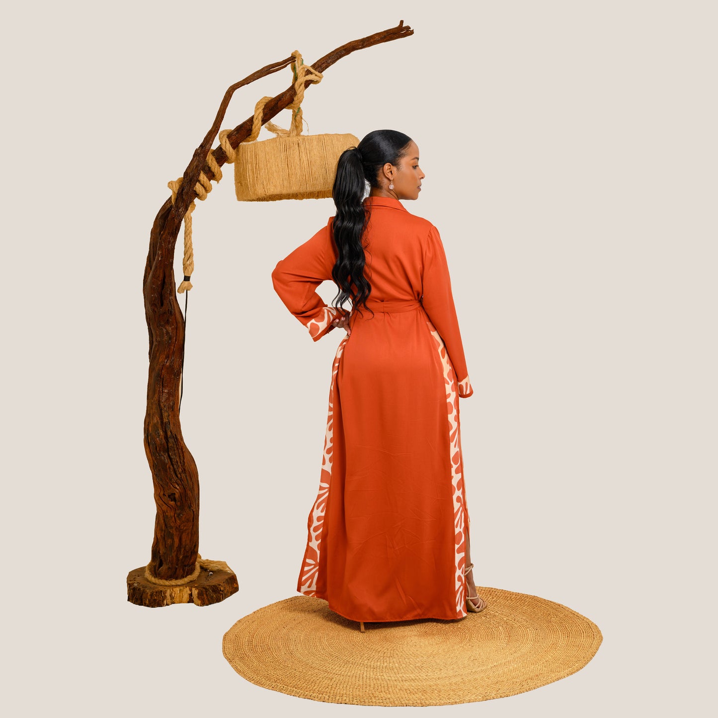Nia Maxi Shirt Dress with Contrast Panels - Burnt Orange