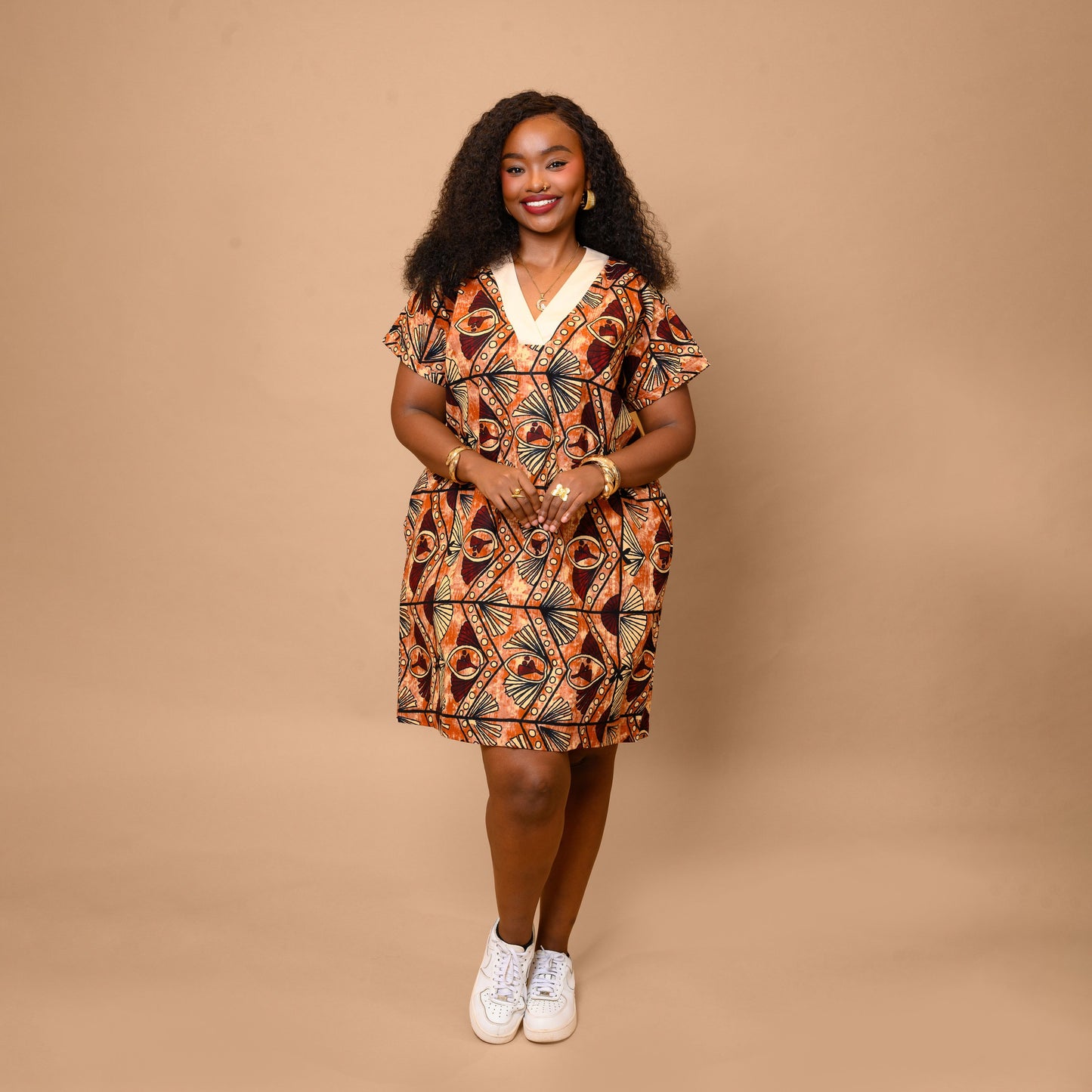 Short Kaftan with Contrast Trim - Brown Ankara Print