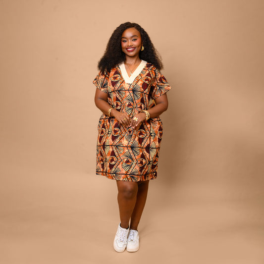 Short Kaftan with Contrast Trim - Brown Ankara Print