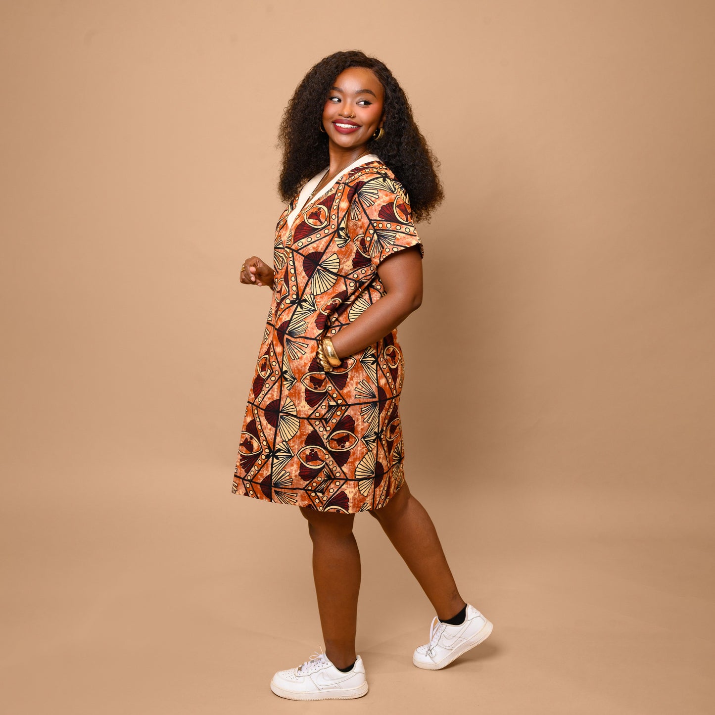 Short Kaftan with Contrast Trim - Brown Ankara Print