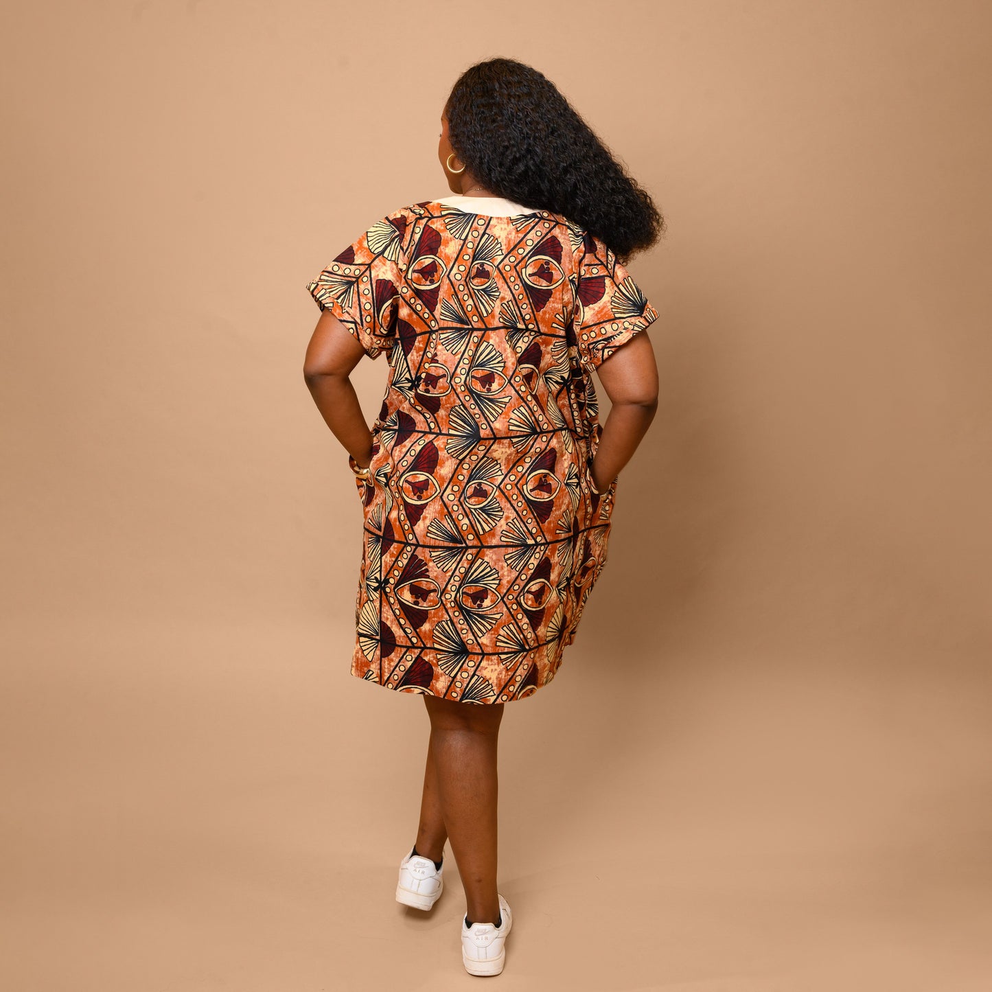 Short Kaftan with Contrast Trim - Brown Ankara Print