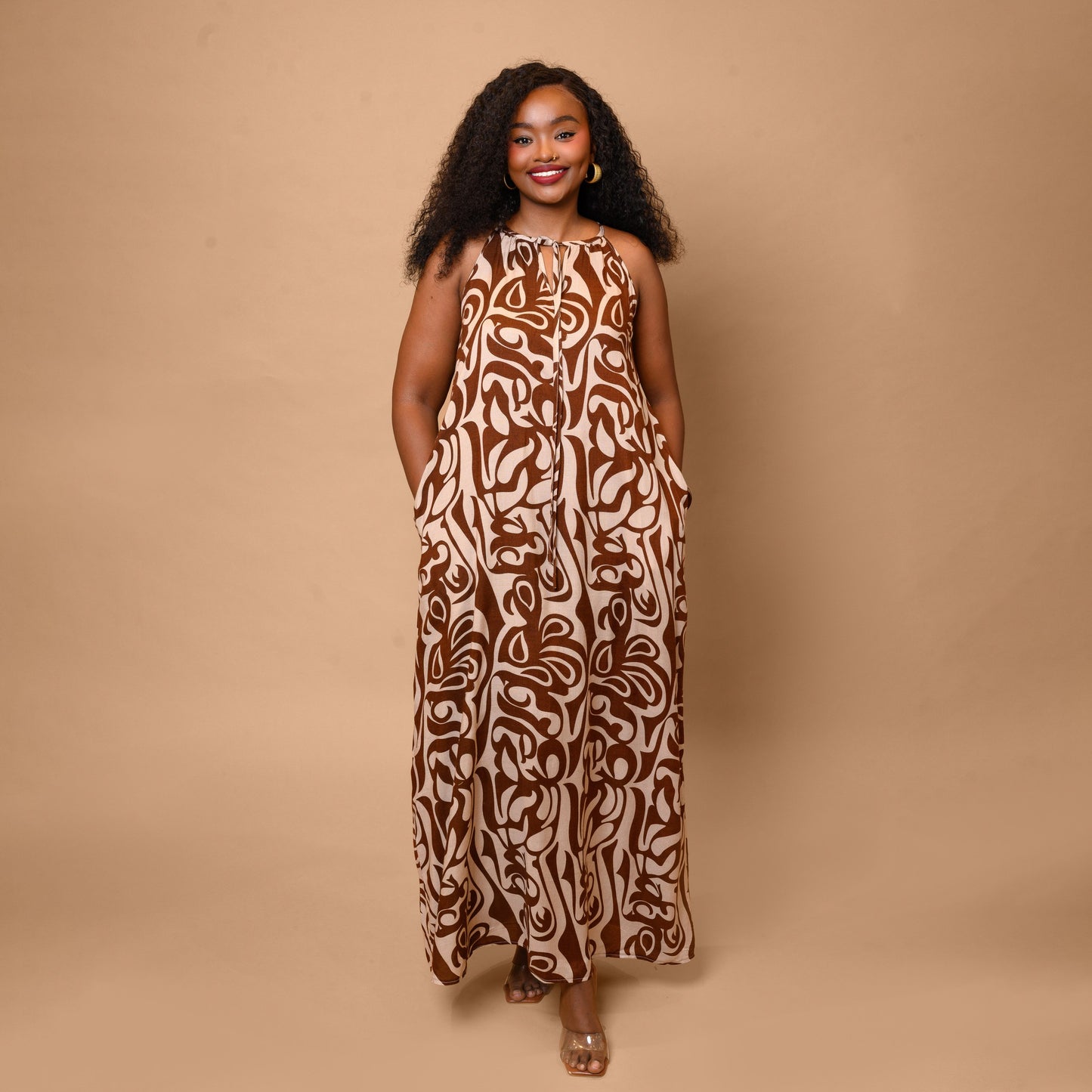 Sleeveless Maxi Dress - Brown Abstract Print