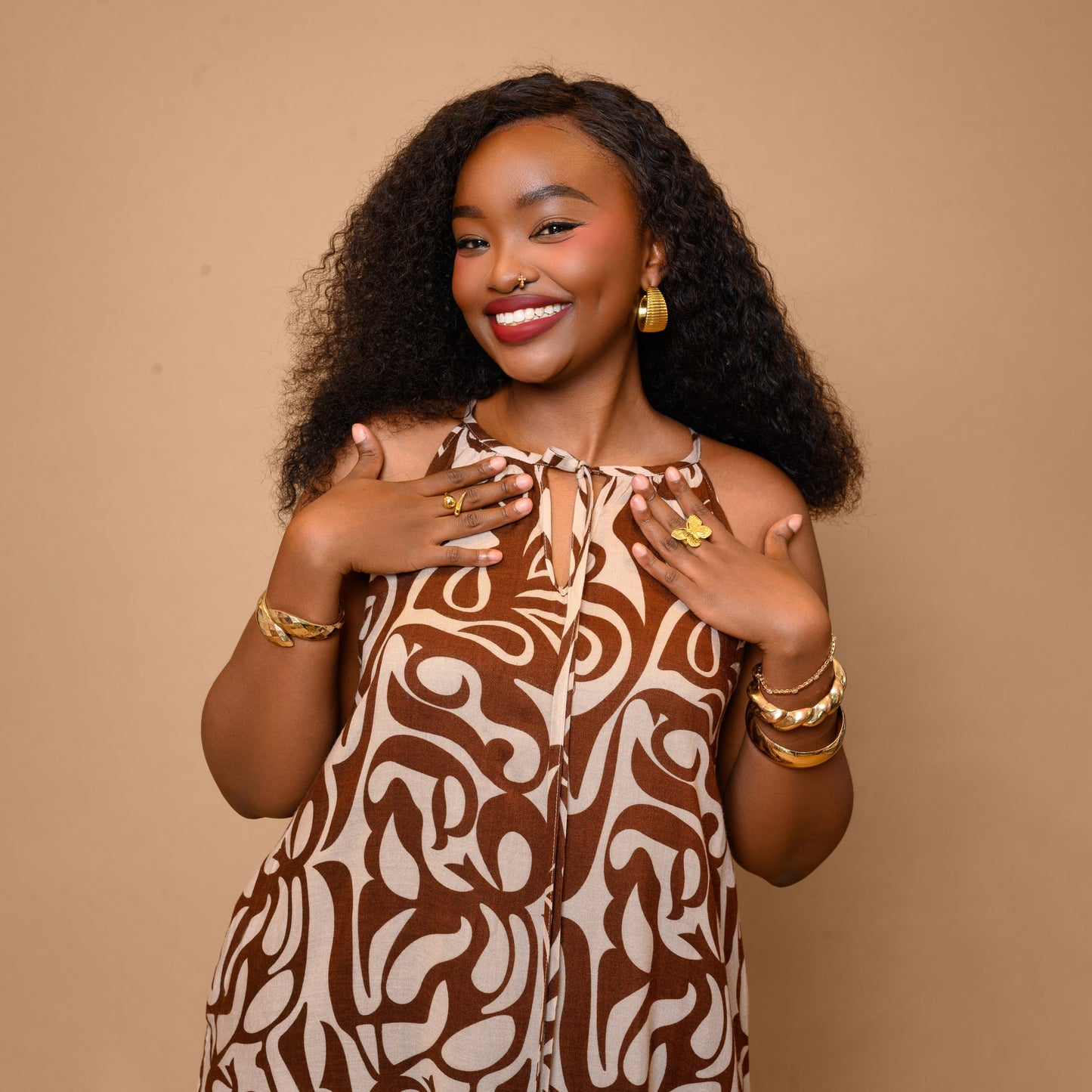 Sleeveless Maxi Dress - Brown Abstract Print