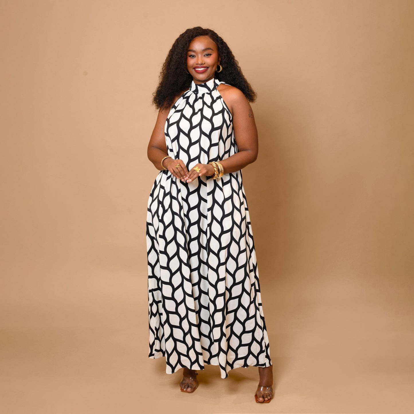 Halter Neck Maxi Dress - Abstract Wave