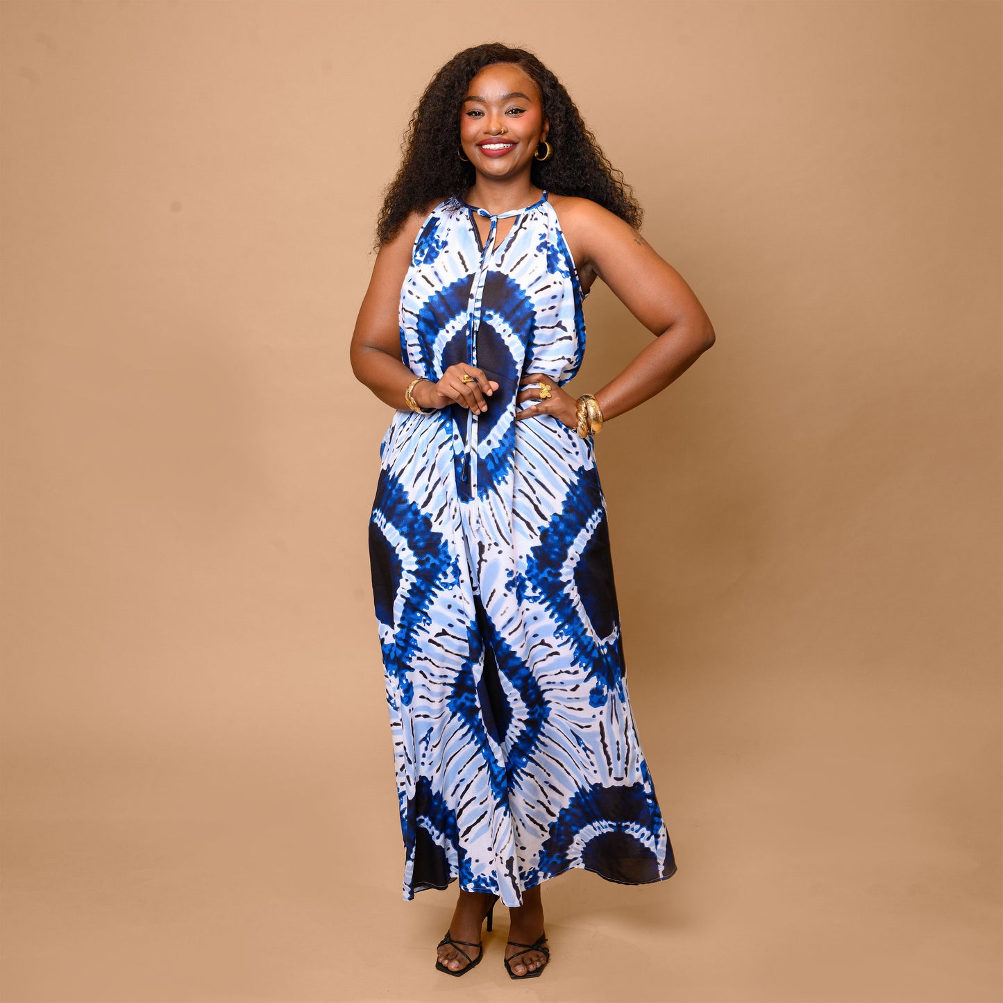 Sleeveless Maxi Dress - Blue Tie-dye Pattern