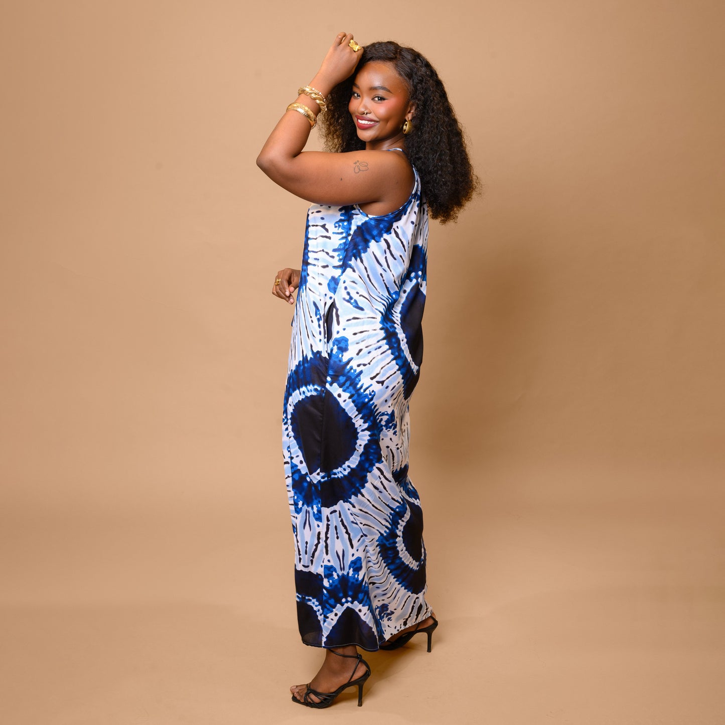 Sleeveless Maxi Dress - Blue Tie-dye Pattern