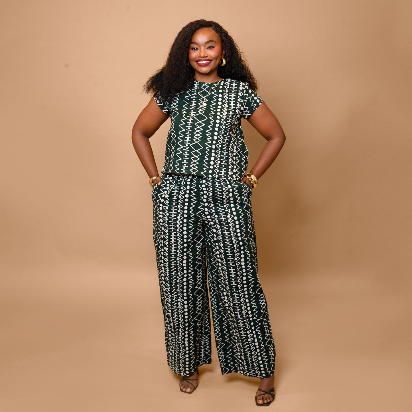 Short Sleeve Top & Palazzo Set - Jungle Green Tribal Print