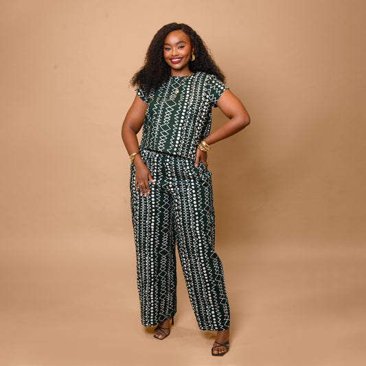 Short Sleeve Top & Palazzo Set - Jungle Green Tribal Print