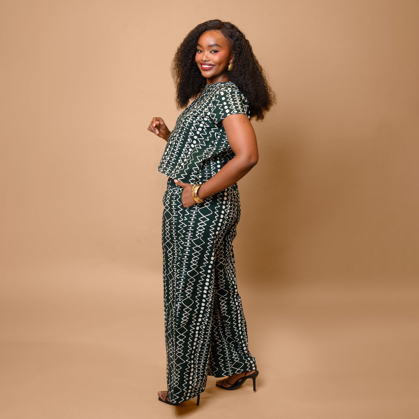 Short Sleeve Top & Palazzo Set - Jungle Green Tribal Print