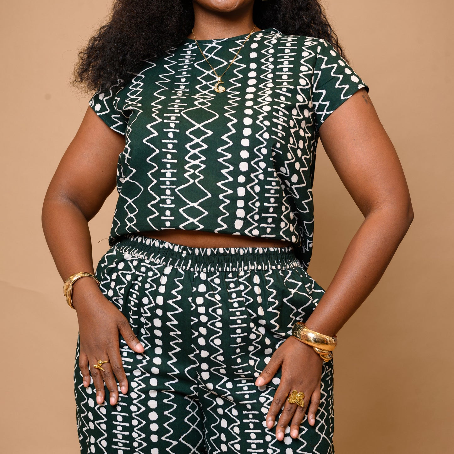 Short Sleeve Top & Palazzo Set - Jungle Green Tribal Print