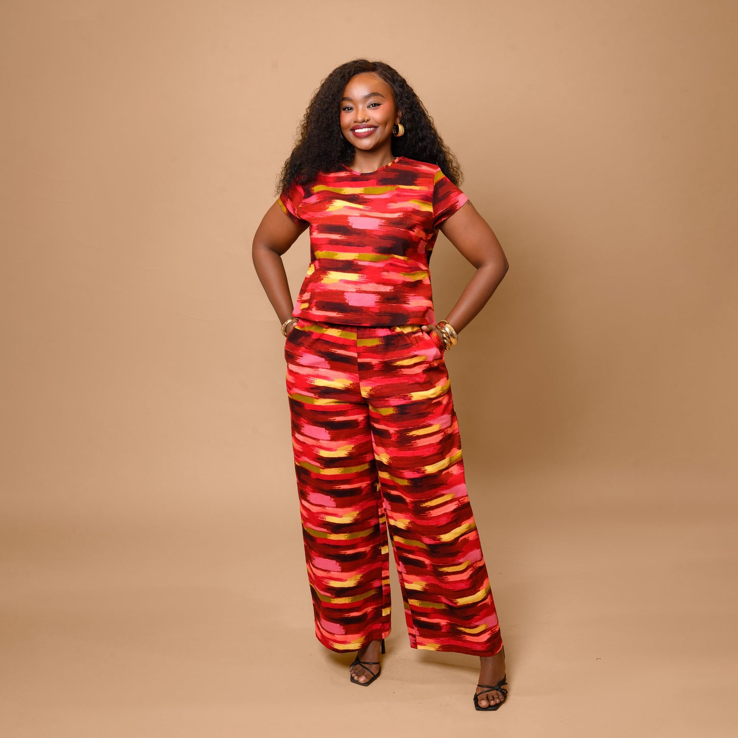 Short Sleeve Top & Palazzo Set - Abstract Brushstroke Print