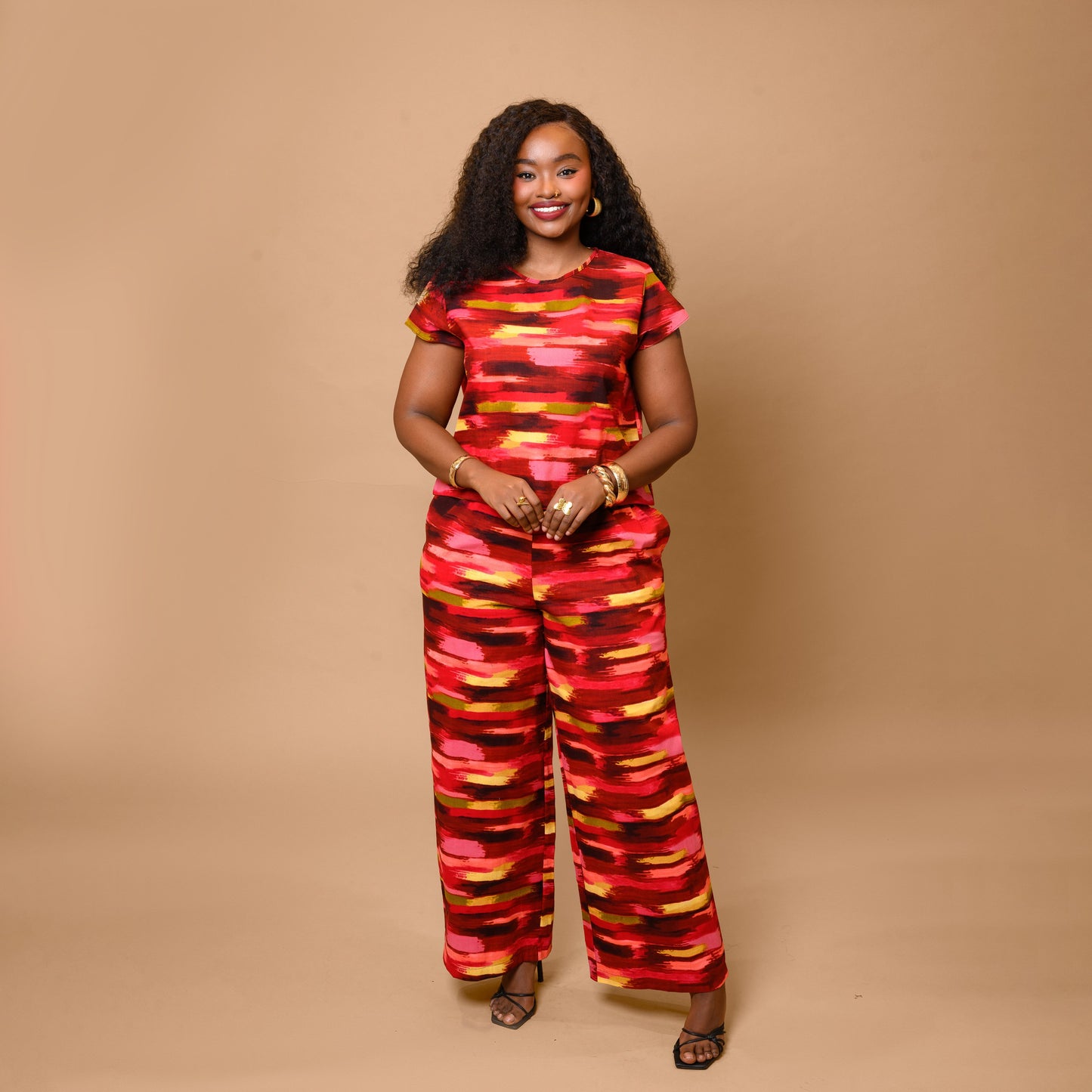 Short Sleeve Top & Palazzo Set - Abstract Brushstroke Print
