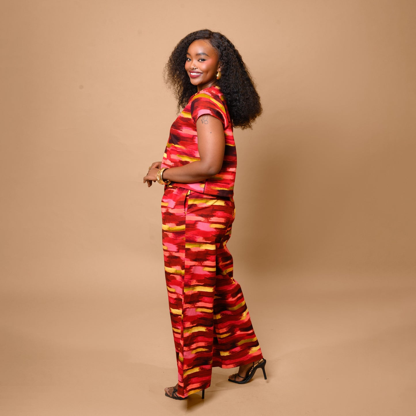 Short Sleeve Top & Palazzo Set - Abstract Brushstroke Print