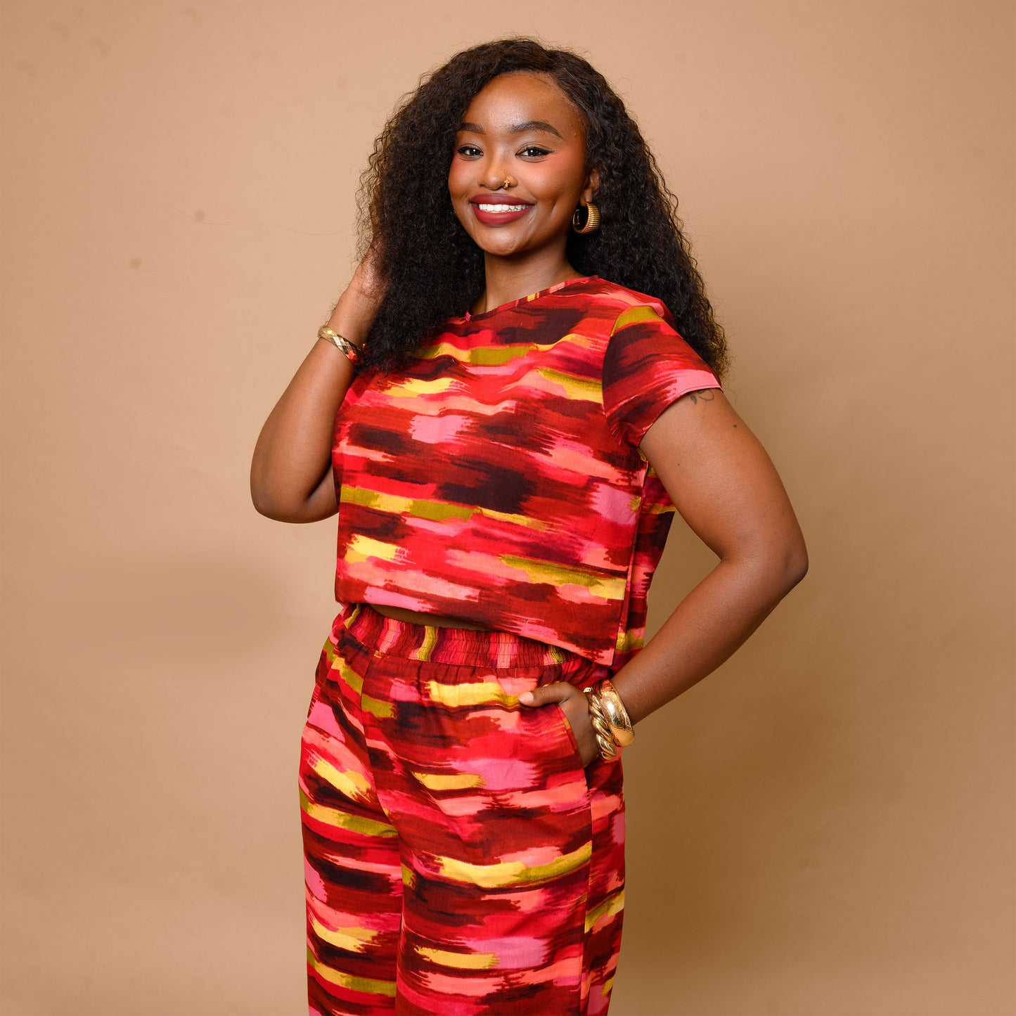 Short Sleeve Top & Palazzo Set - Abstract Brushstroke Print