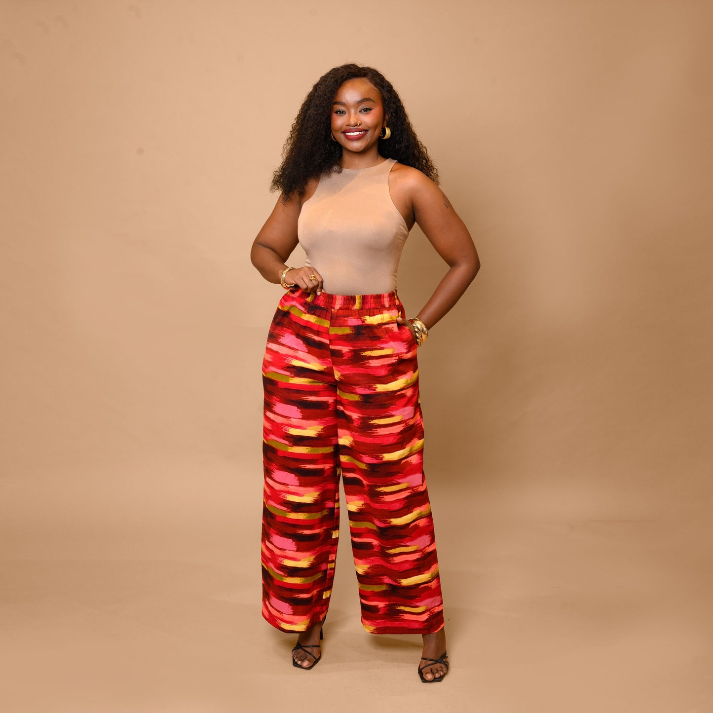 Wide Leg Palazzo Pants - Abstract Brushstroke Print