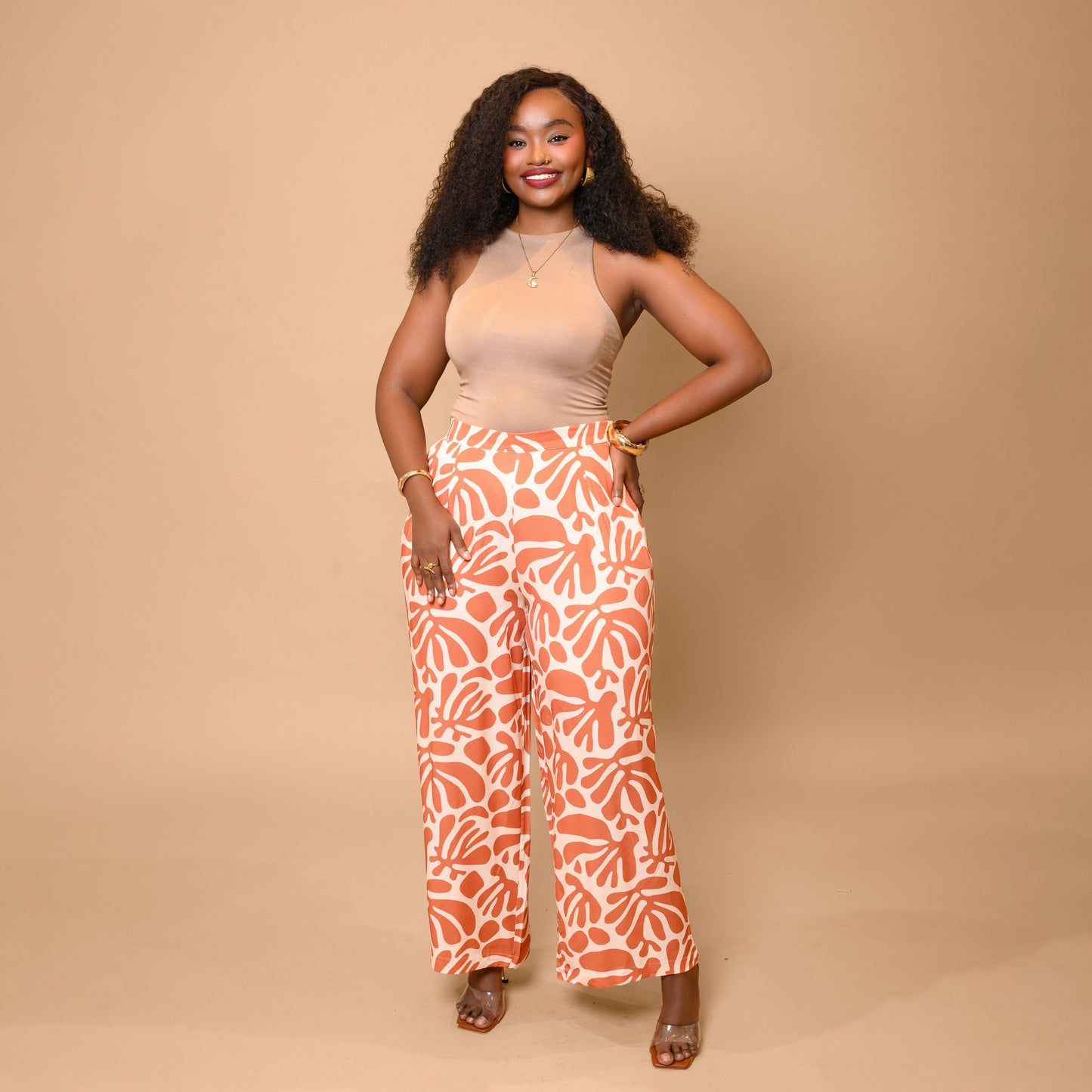 Nia Wide Leg Palazzo Pants - Orange Coral Print
