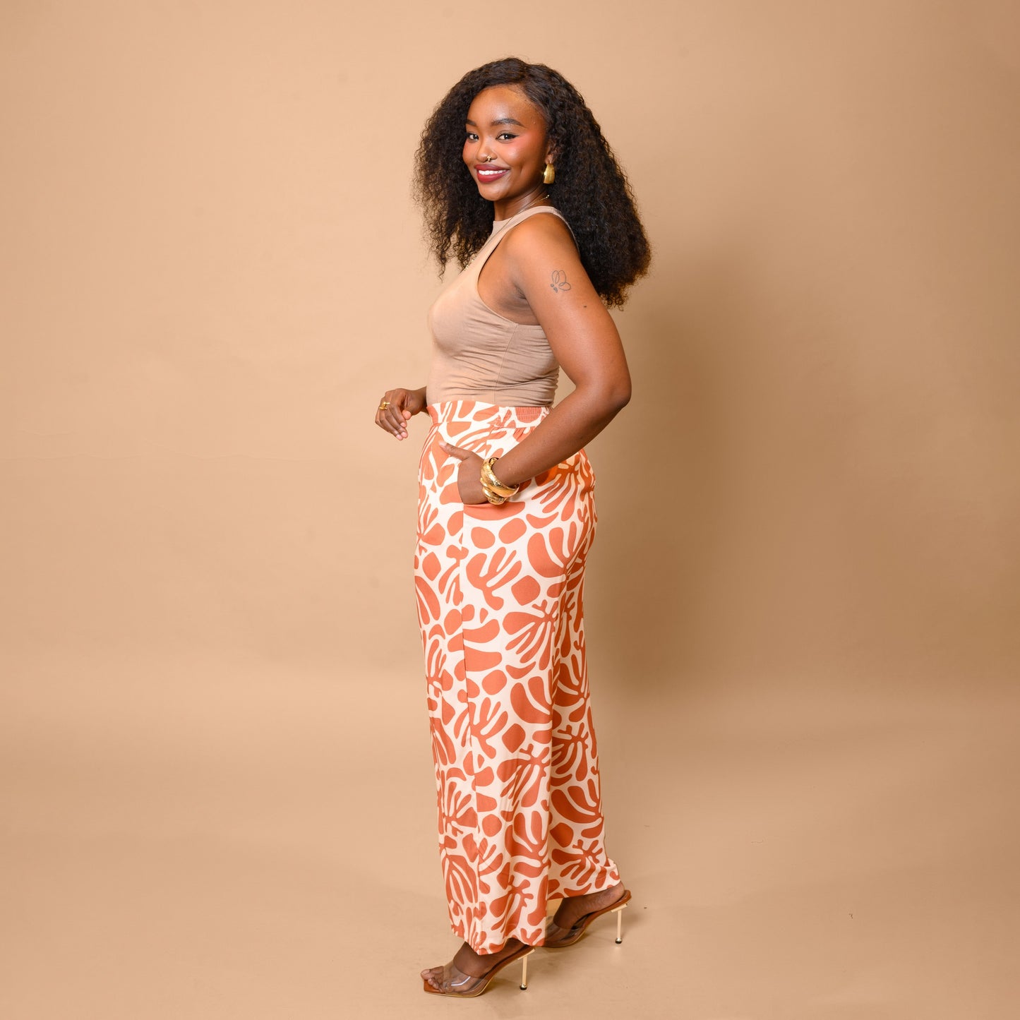 Nia Wide Leg Palazzo Pants - Orange Coral Print