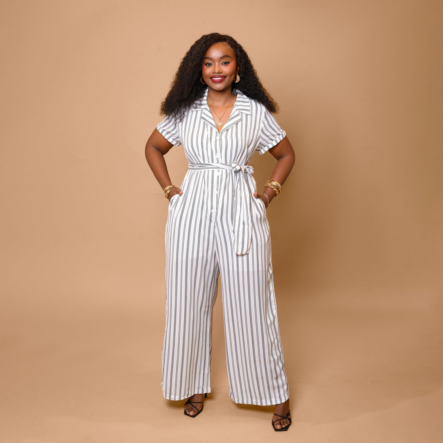 Wide Leg Belted Jumpsuit - Black & White Stripe