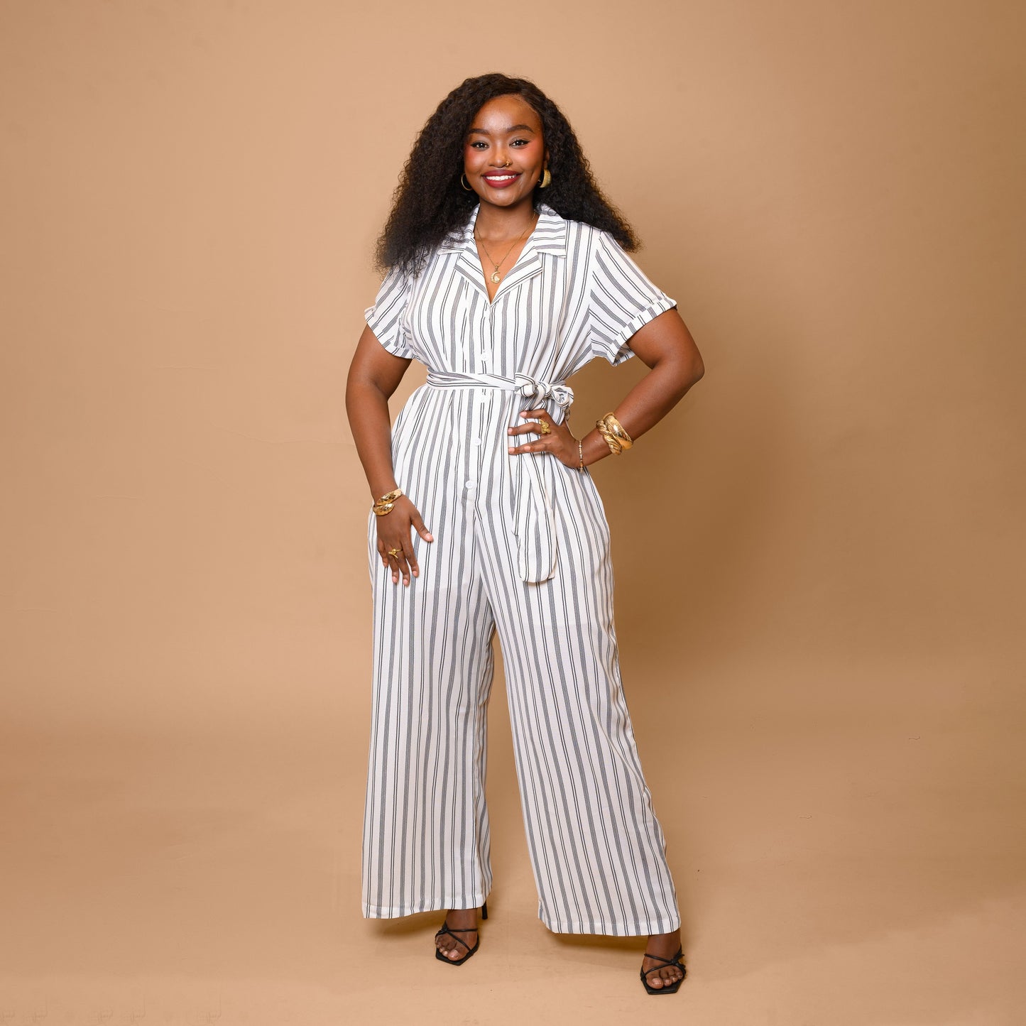 Wide Leg Belted Jumpsuit - Black & White Stripe
