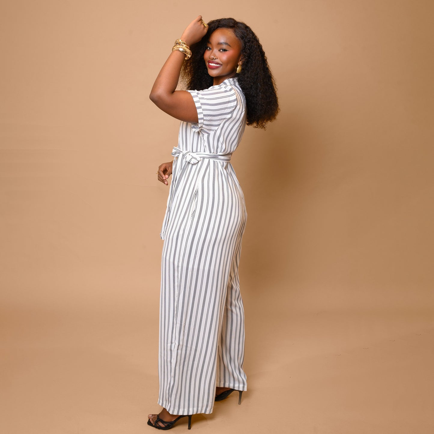 Wide Leg Belted Jumpsuit - Black & White Stripe