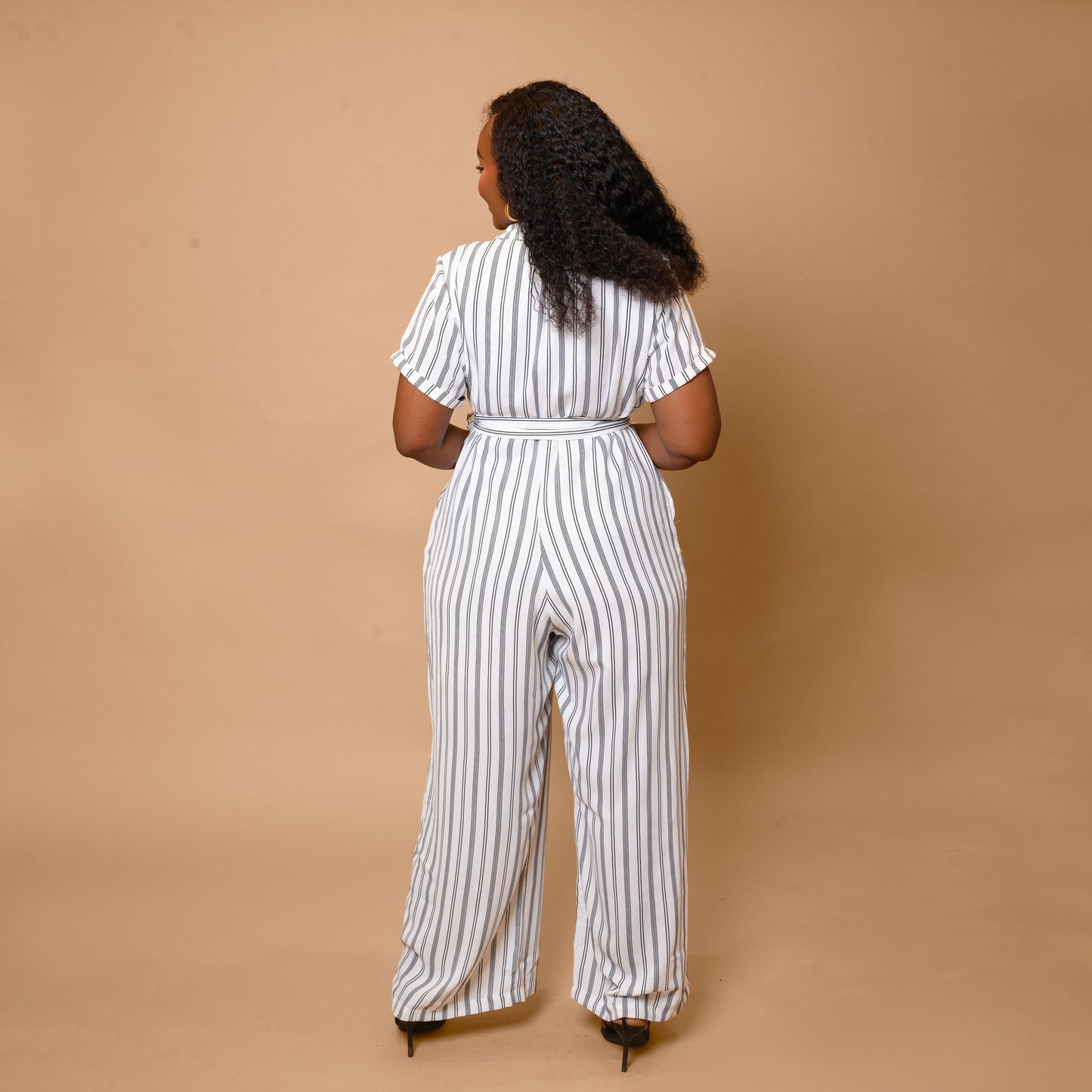 Wide Leg Belted Jumpsuit - Black & White Stripe