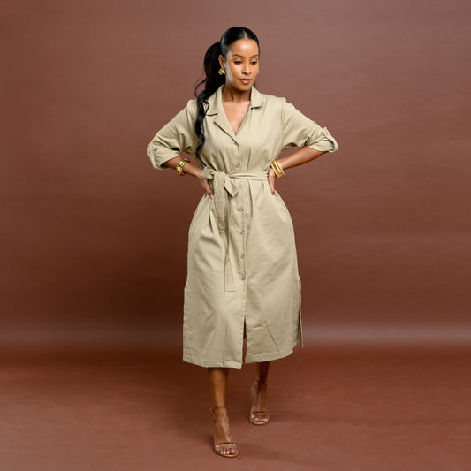 Safari Shirt Midi Dress with Tie Belt - Khaki