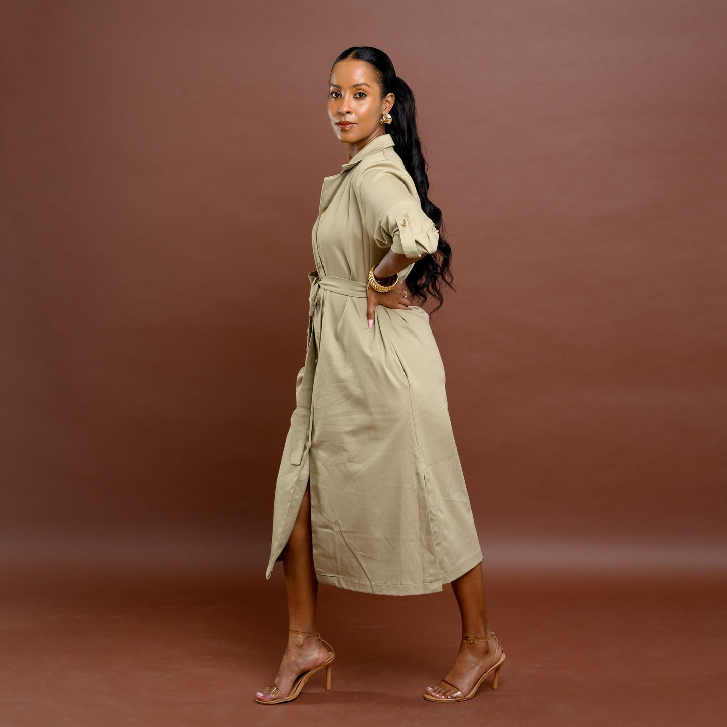 Safari Shirt Midi Dress with Tie Belt - Khaki