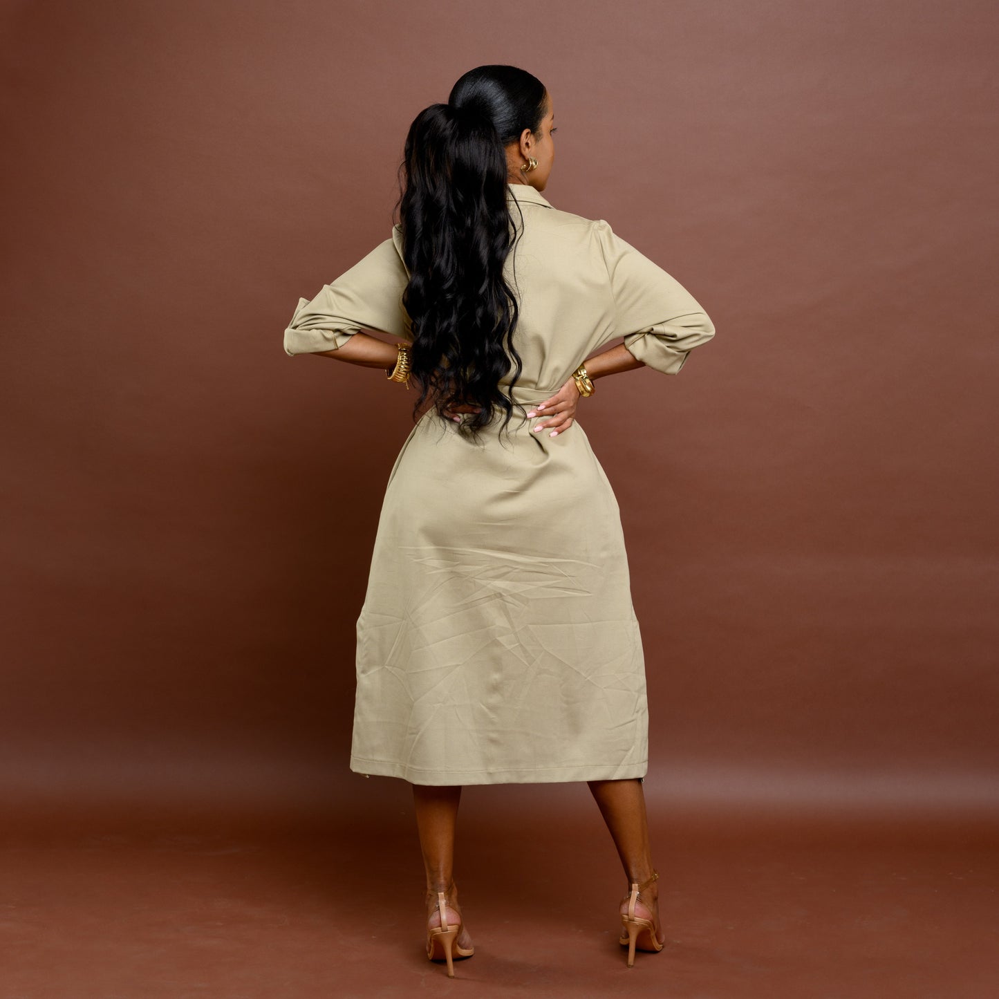 Safari Shirt Midi Dress with Tie Belt - Khaki