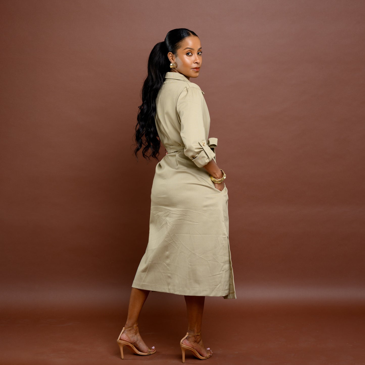 Safari Shirt Midi Dress with Tie Belt - Khaki