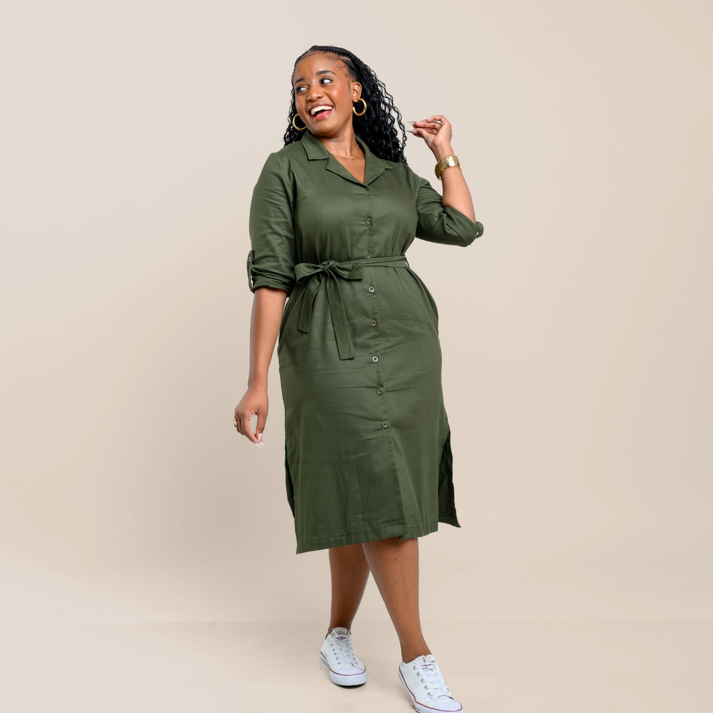 Safari Shirt Midi Dress with Tie Belt - Army Green Nalani Women Safari Shirt Midi Dress with Tie Belt - Army Green Nalani Women