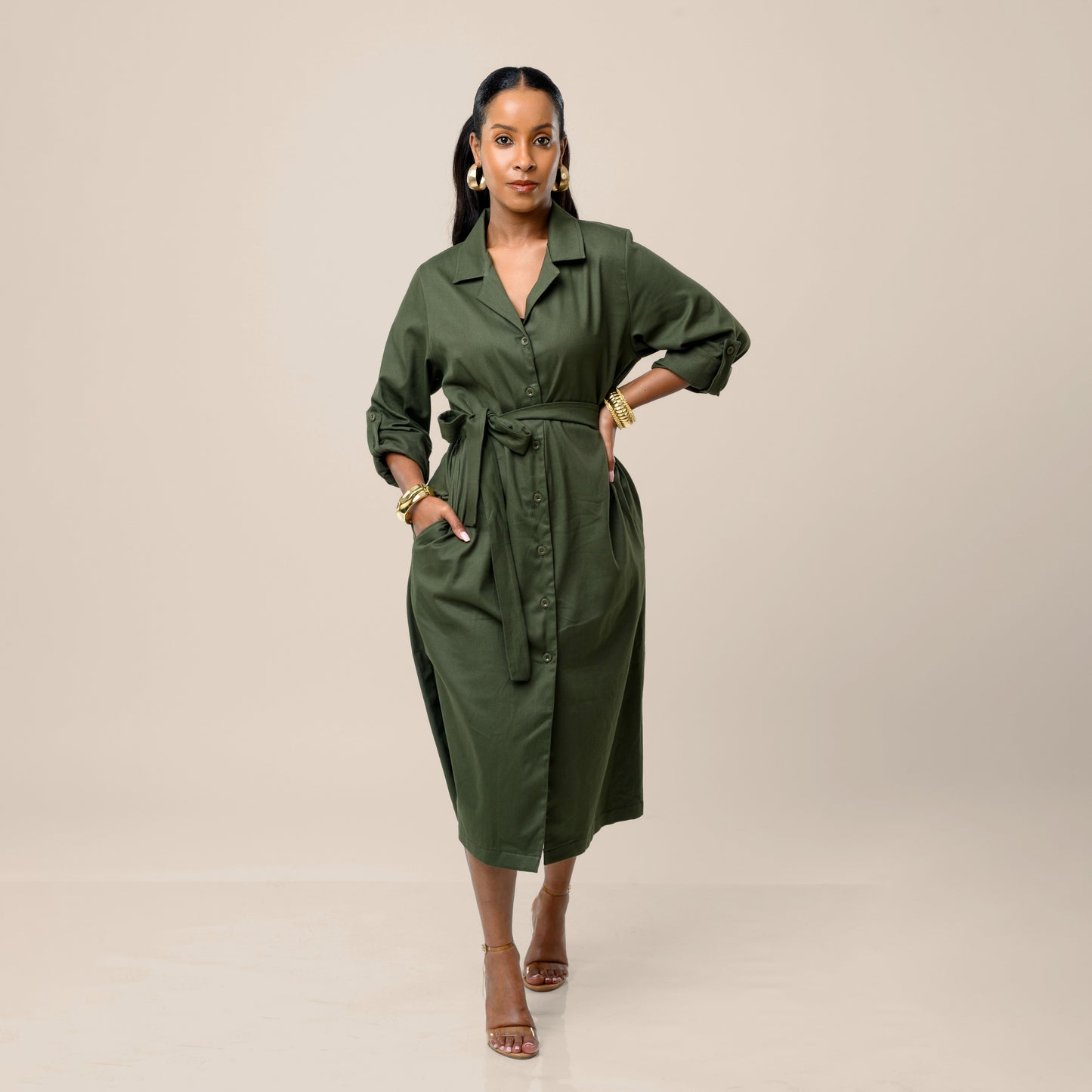 Safari Shirt Midi Dress with Tie Belt - Army Green