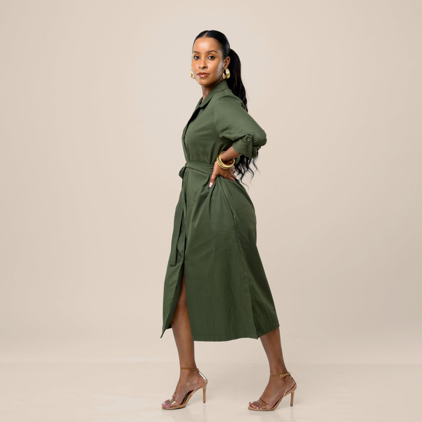 Safari Shirt Midi Dress with Tie Belt - Army Green