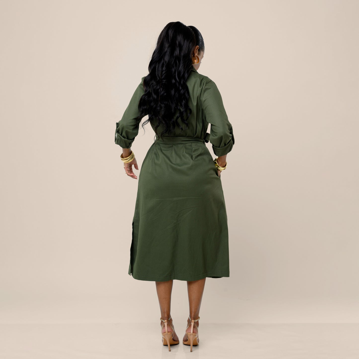Safari Shirt Midi Dress with Tie Belt - Army Green Nalani Women Safari Shirt Midi Dress with Tie Belt - Army Green Nalani Women