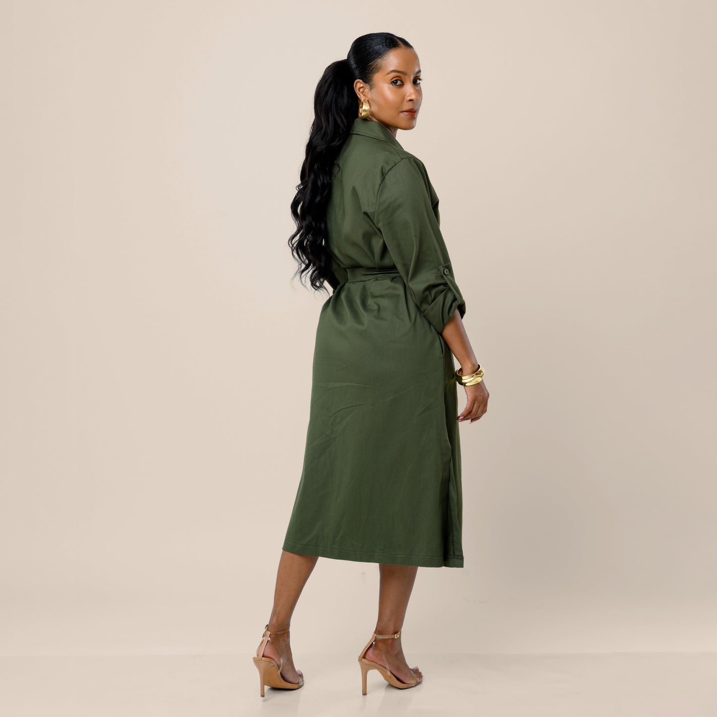 Safari Shirt Midi Dress with Tie Belt - Army Green