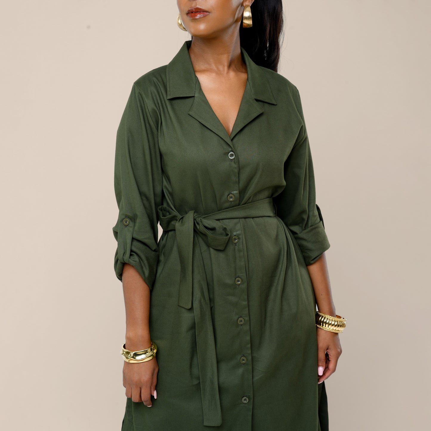Safari Shirt Midi Dress with Tie Belt - Army Green