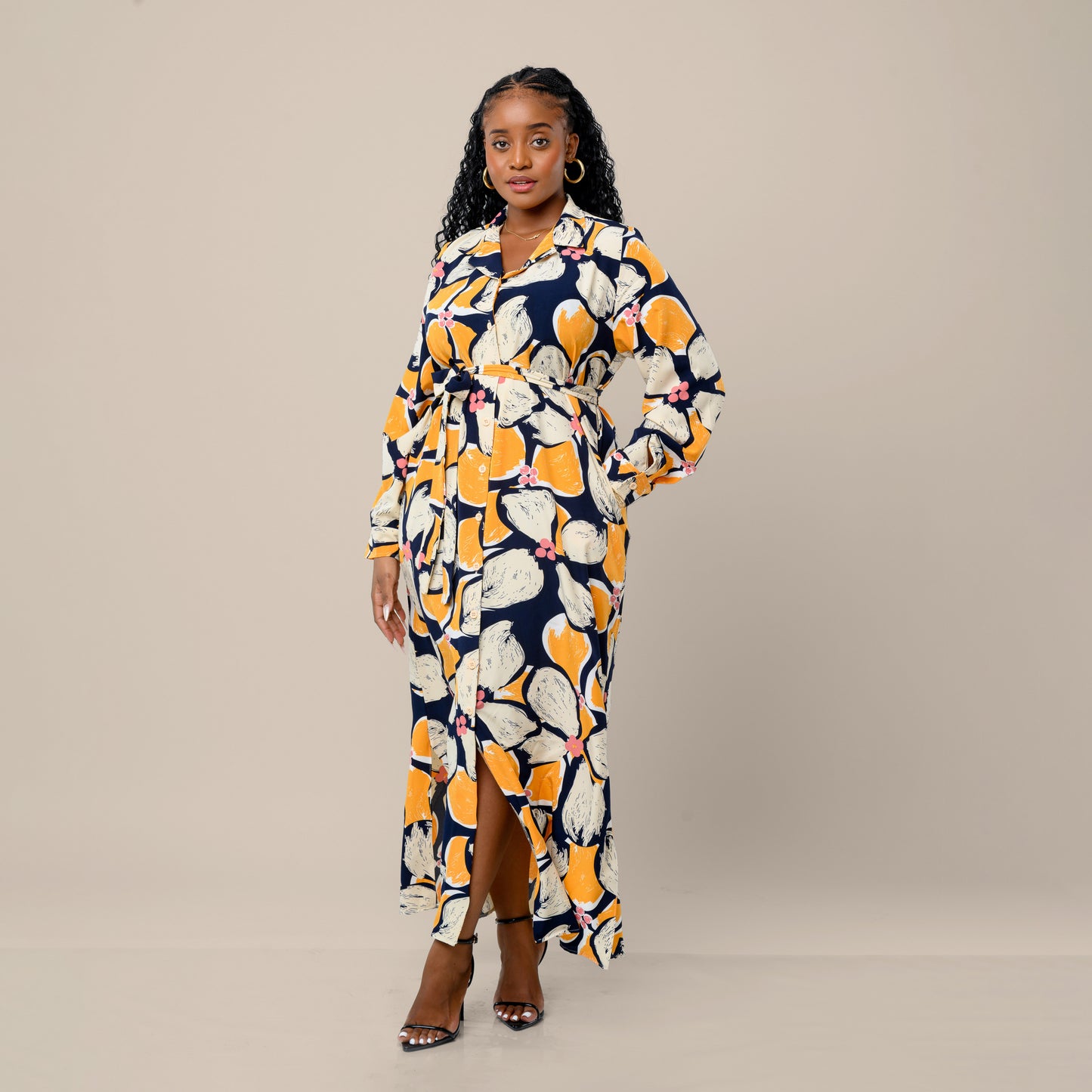 Tropical Floral Maxi Shirtdress - Navy Blue/Mustard