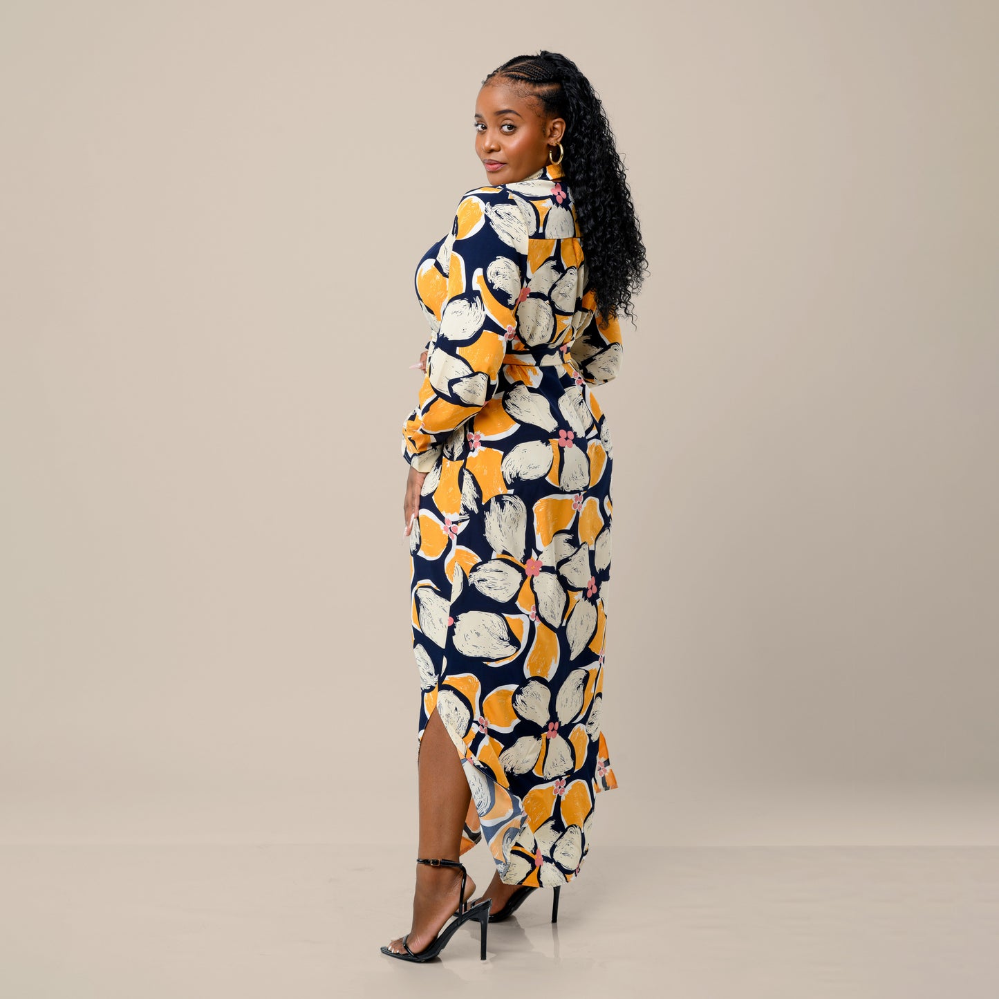 Tropical Floral Maxi Shirtdress - Navy Blue/Mustard