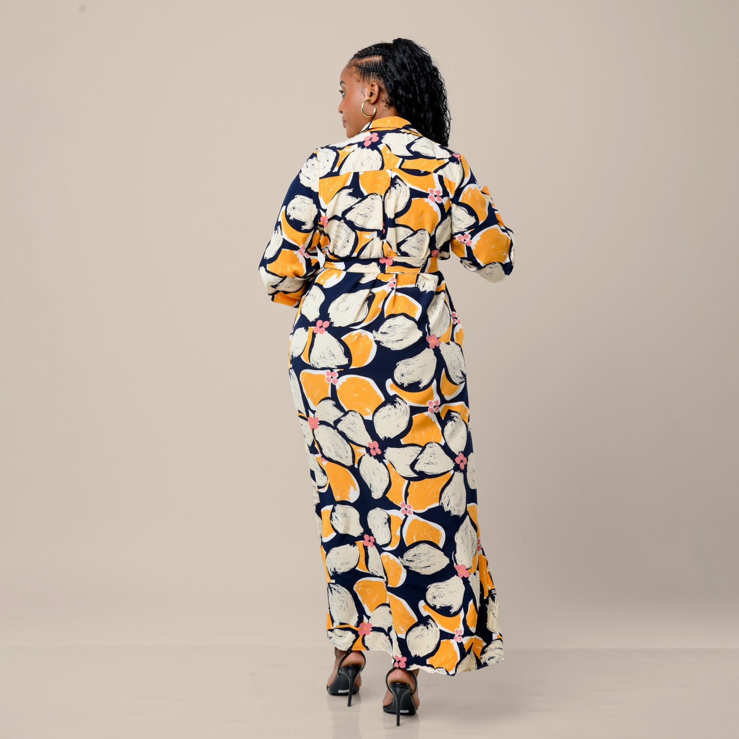 Tropical Floral Maxi Shirtdress - Navy Blue/Mustard